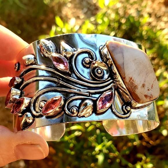 New Mookaite Jasper and Rubellite 925 Silver Cuff Bracelet. - Picture 9 of 16